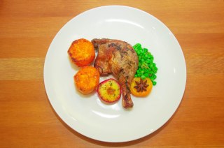 Roast Duck Leg, Herbed Plum, Mustard Apricot & Crushed Minted Peas w/ Fondant Sweet Potato