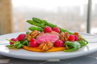 Duck Breast Salad & Candied Soy Walnuts on a Sweet Potato Pancake with Raspberry Vinaigrette